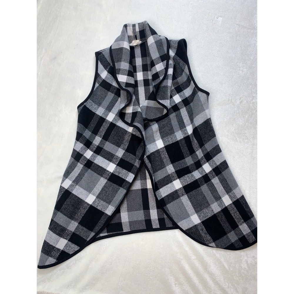 ETWO Cardigan Vest Sz S Black Buffalo Plaid Sleeveless‎ Shawl Collar Open Front